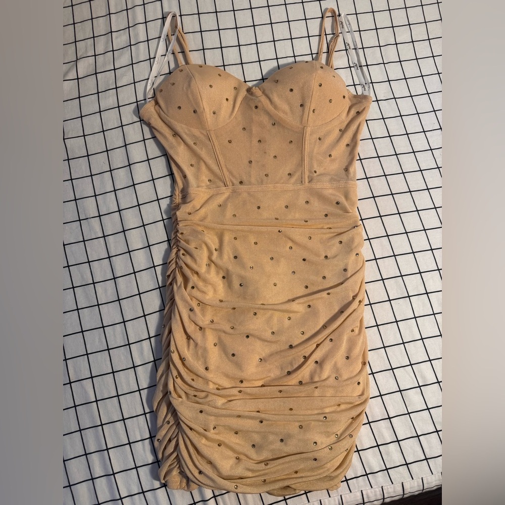 Nude Rhinestone Bodycon Dress Ruched Mesh Party Club Dress Size M